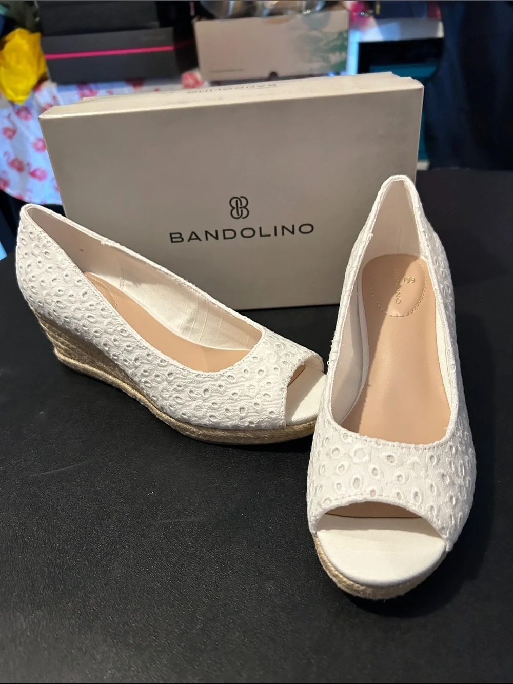 Bandolino White Eyelet Peep-Toe Espadrille Wedges
